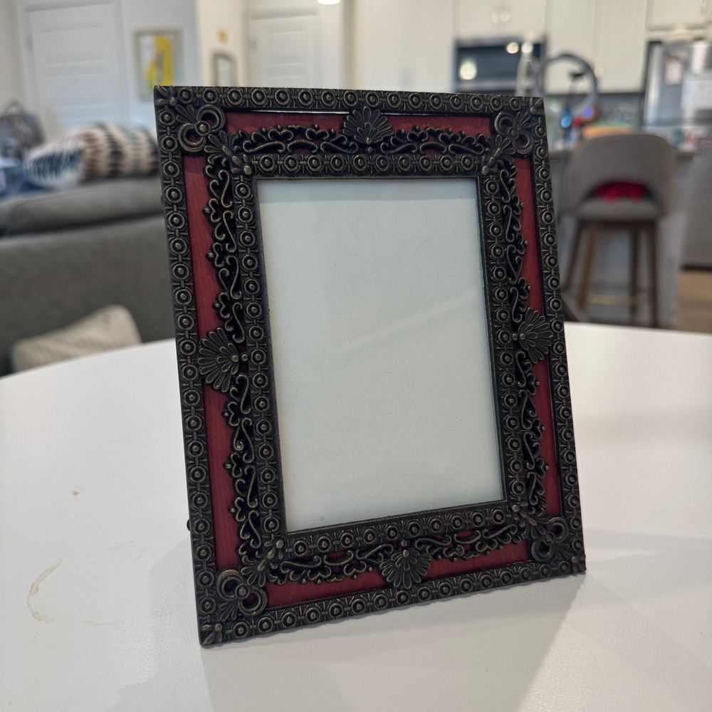 Vintage Ornate Bronze Metal Filigree Picture Frame Red Inlay Korea Western Style